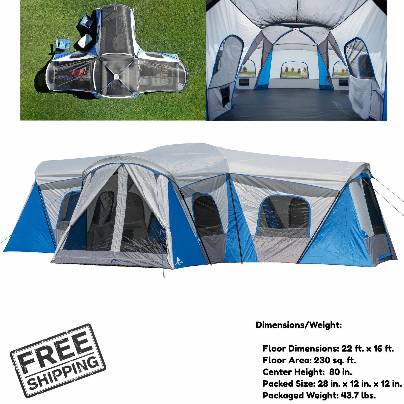 Large Family Camping Tents 16-Person 3-Room Camping Tent Waterproof Folding