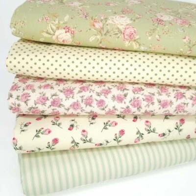 100% COTTON FABRIC BUNDLE Green Vintage Rose Spot Ditsy Floral Craft Material