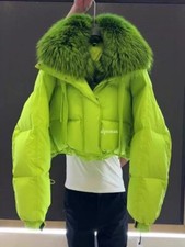 Women Green Fur Collar Short Down Jacket Winter Padded Coat Quilted Jacket Parka