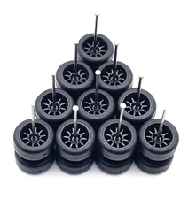 5x Sets Black 10 Spoke Real Rider Wheel W/ Rubber Tires For 1/64 Scale Cars