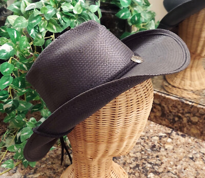 Shady Brady Cowboy Hat with Chin Strap Size Small Black Raffia Straw  NWT