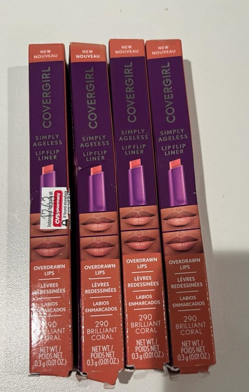 LOT OF 4 PCS COVERGIRL SIMPLY AGELESS LIP LINER 290 BRILLIANT CORAL .01 OZ NIB