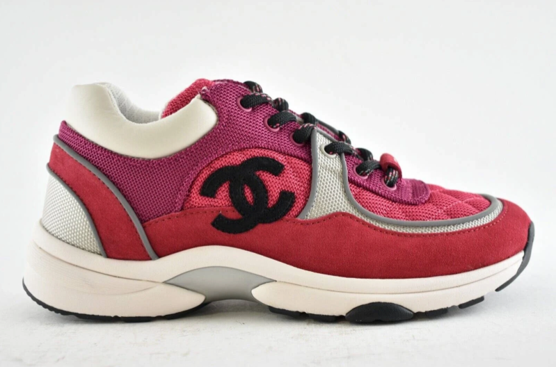 Chanel 21B Pink Black White Silver CC Logo Tie Flat Runner Trainer
