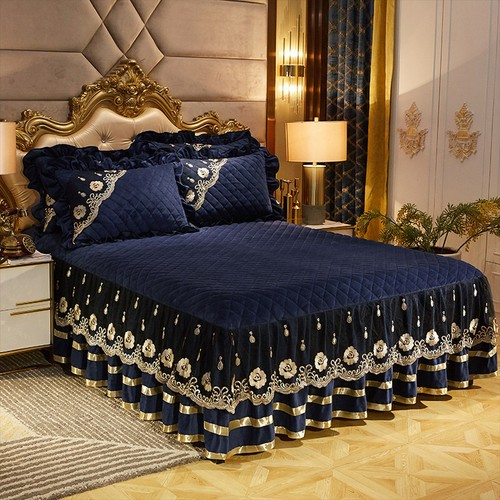 Qulited Velvet Lace Queen Bedspread Twin Full Fitted Bed Sheet Ruffles Skirt New - Picture 44 of 65