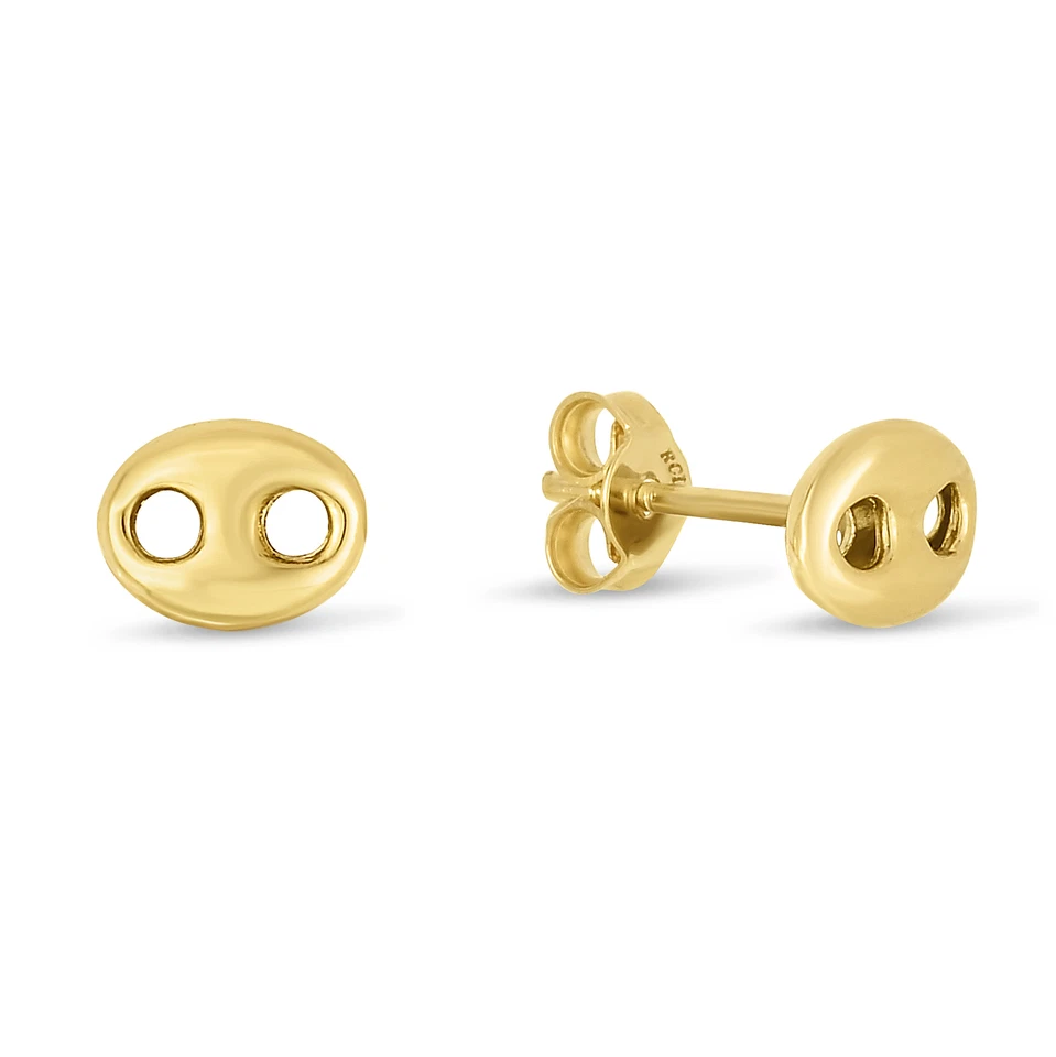 1/4" Shiny Puffed Mariner Link Button Stud Earrings Real 14K Yellow Gold