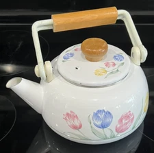 VTG 80s Tea Kettle Floral Porcelain Enamel on Steel Tableworks Unlimited Pastel