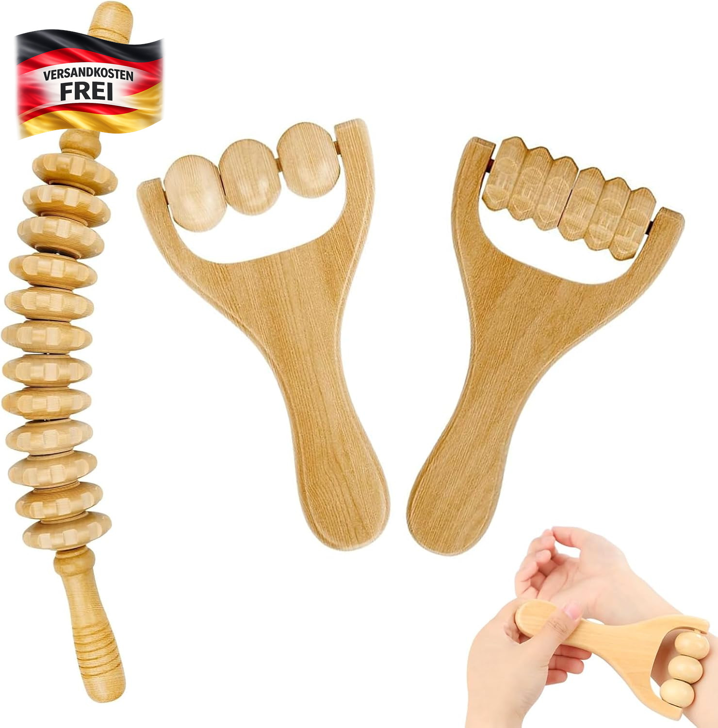 Faszienrolle Set Holz Massagegerät für Rücken Beine Muskeln Entspannung