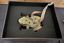 L'OBJET Gold Plated with Green & Red Swarovski Crystals Frog Christmas Ornament