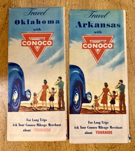 (2) VINTAGE Conoco Travel Road Maps Arkansas Oklahoma Oil Gas Advertising