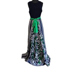 Eliza J Navy Blue Green Floral Geometric Maxi Dress Size 2 Sleeveless Sash Belt