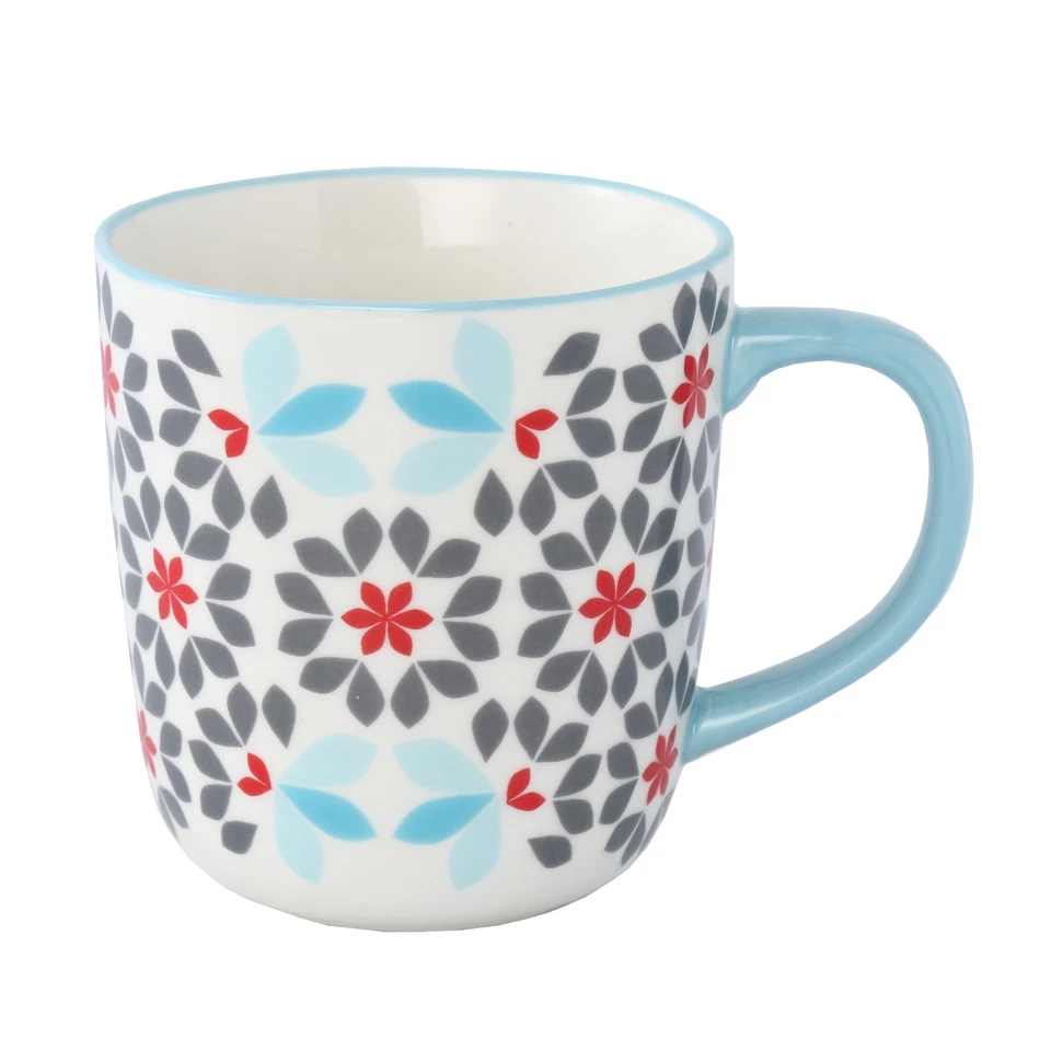 Juego de 4 tazas de café florales de 14 oz con mango azul, patrón de flores grises y rojas Foto 2 de 4