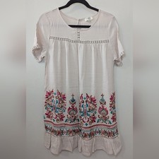 Umgee Embroidered Mini Dress Cream Colorful Ruffle Hem Boho Women's Size S