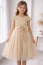 Girls Gold Lace Formal Dress with Sequin Bow, Size 140, Party Wedding