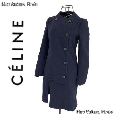 CELINE Wool Crombie Long Navy Blue Women Jacket Genuine Coat