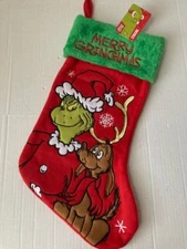 The Grinch & Max Dog Hanging Christmas Stocking Embroidered MERRY GRINCHMAS 20”