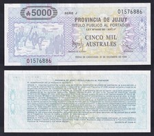 Argentina Banknote Province Of Jujuy 5000 Australes 1990 P.-S2412 FDS/UNC