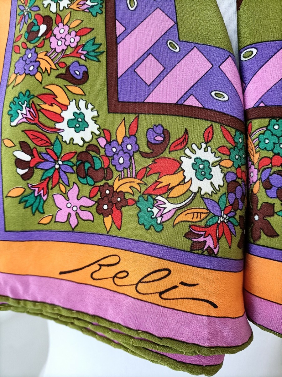 Foulard Carré Vintage En Soie 100% - Marque Azner Reli, Italie - Motif Géométrique, Fait Main