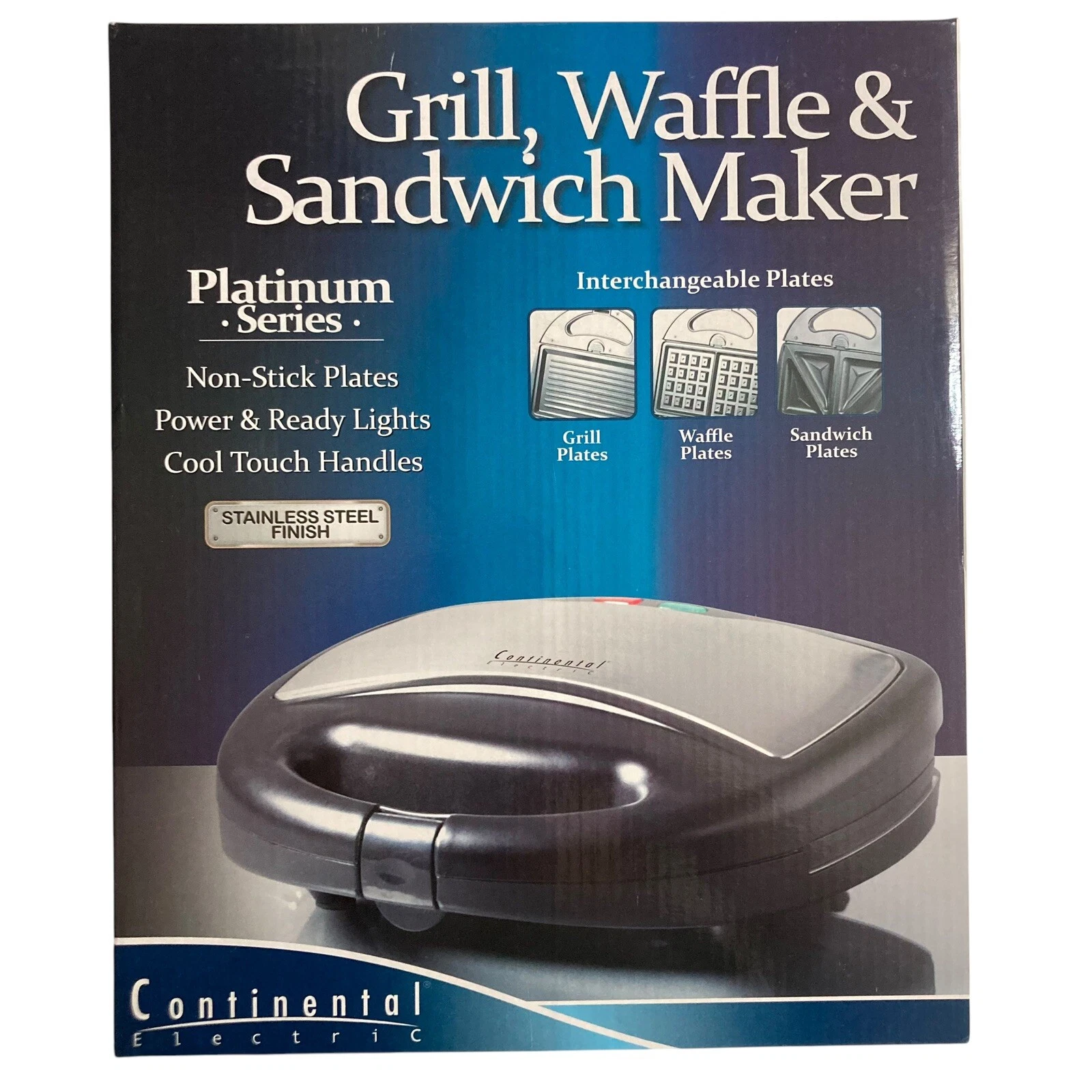 Grill Waffle Sandwich Maker Continental Electric Platinum Series Non Stick Plate