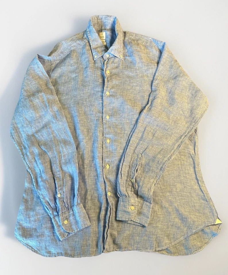MASTAI FERRETTI - 100% LINO Camisa Hombre Abotonada Azul Blanco Rayas Italia XL Foto 3 de 4
