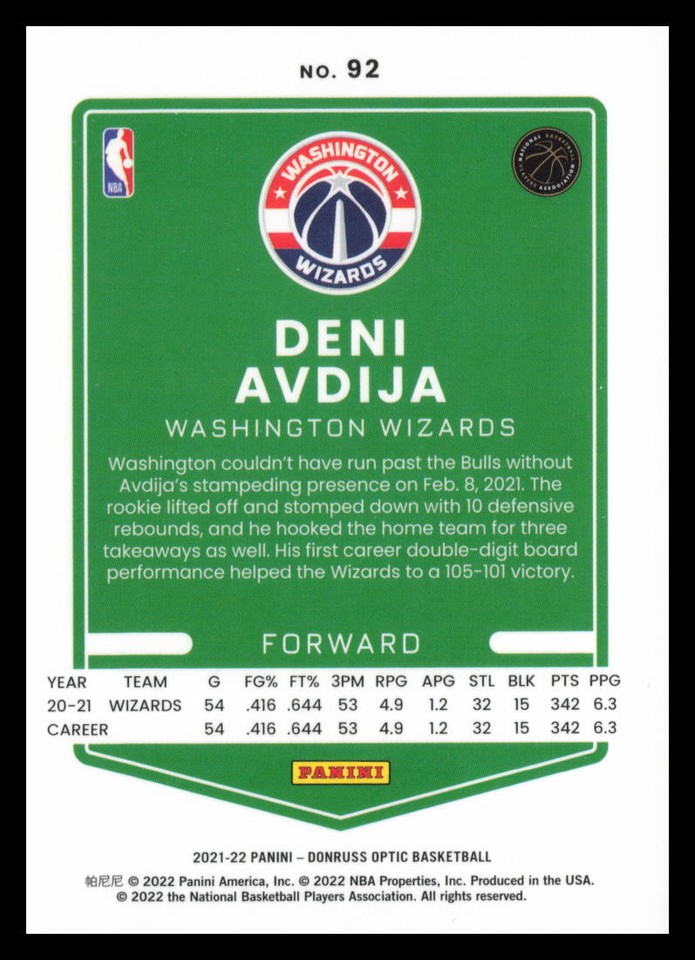 2021-22 Donruss Optic #92 Deni Avdija Washington Wizards Basketball