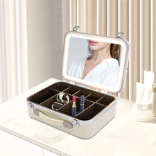 Portable Cosmetic Organizer Box Travel Makeup Train Case With LED Light + Mirror