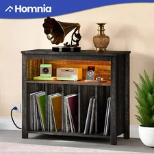 Record Player Vinyl Album Storage Turntable Stand Cabinet LED & Power Outlet