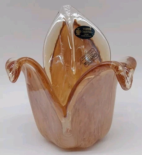 VTG TULIP  Murano Art Glass White Crystal Vase Light Amber Hand Made In Italy SH