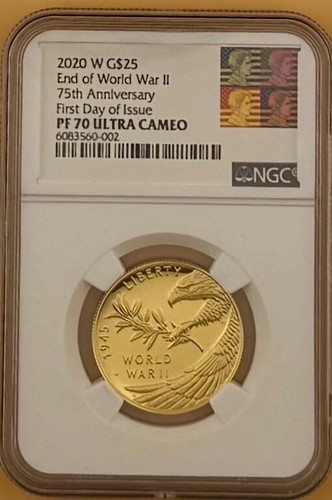 2020 End of World War II 75th Anniv. W $25 Gold Medal PF70 FDOI MULTICOLOR LABEL - Picture 7 of 7
