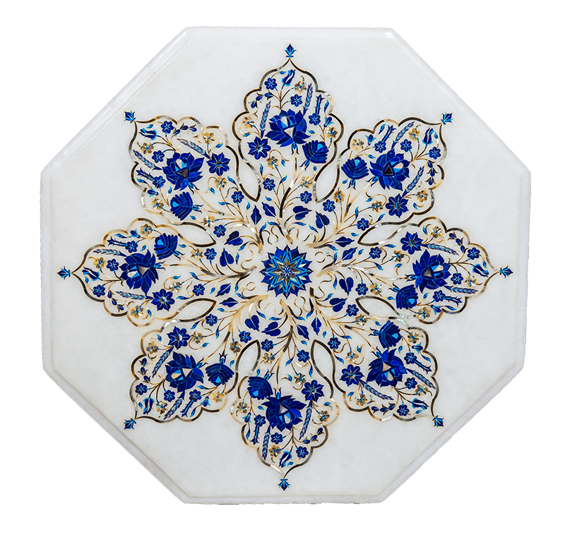 18-Inch Marble Corner Table Top with Lapis Lazuli Inlay Art for Home Decor