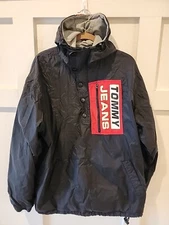 VTG Tommy Hilfiger Mens Large Blk Spell Out Lined 1/2 Zip Button Pullover Jacket