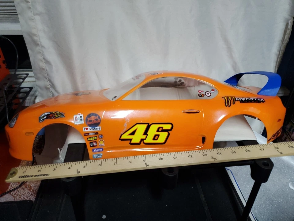 1995 Toyota Supra Painted Orange RC Body 1/10 WB 333mm/22S/DR10/Slash/Drag Used  - Image 4 of 4