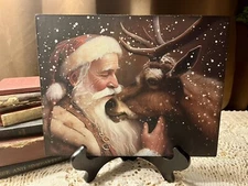 Santa Claus with Reindeer, Christmas (With Snow) Handcrafted Plaque / Sign