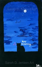 4x6in Giclée Print Of Painting Black Cat Pet Fantasy Naïve Art Gift Decor Signed