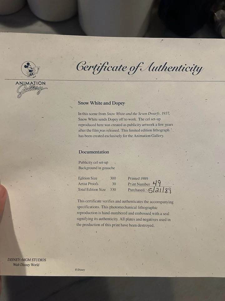 Litografía Original Blancanieves de Walt Disney Productions en Marco 1938. Numerado. Foto 2 de 4