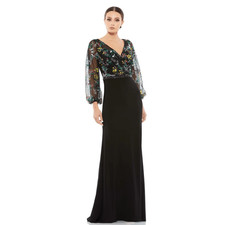 Mac Duggal Womens Puffed Sleeve Maxi Dress Gown Embroidered Black Size 12 NWT