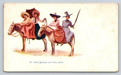 FOUR QUEENS AND TWO JACKS Donkey Ride Antique Postcard Early 1900s Humorous