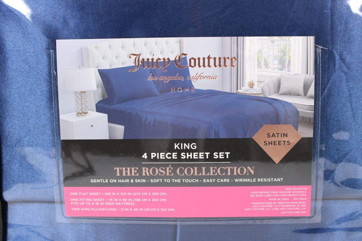 JUICY COUTURE 4-Piece Blue Satin Sheet Set - King Size - The Rosé