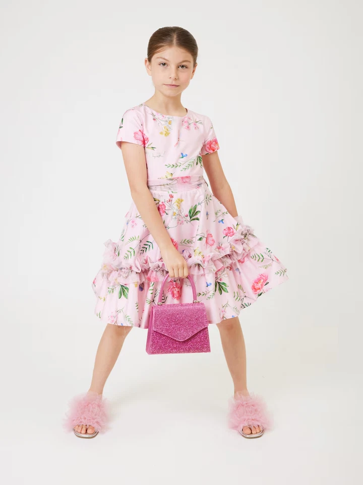Monnalisa Girl's 10 Floral Cotton Dress Ruffle Tulle Pink Fairytale Cap Sleeve - Image 2 of 4