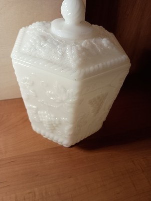 Vintage Fire King White Milk Glass Footed Covered Candy Jar Grapes & Leaves 9''