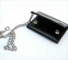 RFID Blocking Black Leather Biker's Trifold Men's Metal Chain Wallet US SELLER