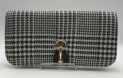 Talbots Black & White Glen Plaid Wool Clutch, Leather Trim, Gold Horse Bit Clasp