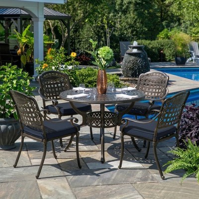 5 Piece Outdoor Patio Dining Set Cast Aluminum Dining Table & 4 Stackable Chairs