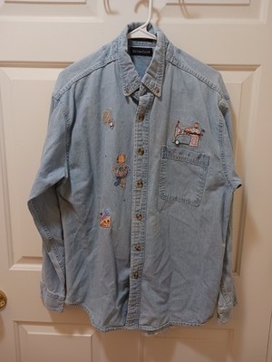 Vtg Ultraclub Embroidered Denim Button Down Shirt I Love Quilting Sewing Patches