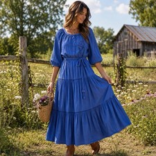 Vintage 70s Style Blue Prairie Maxi Dress Floral Embroidered Tiered Peasant Boho