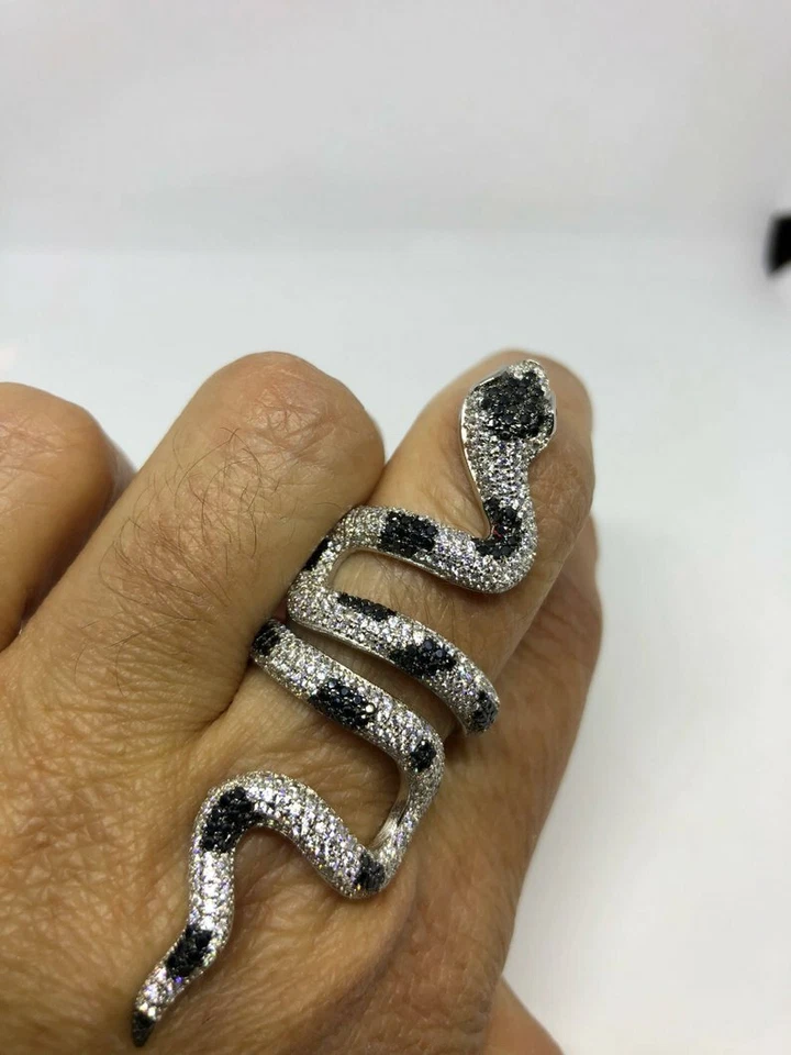 Hermoso anillo de plata real 925 maciza con circón blanco y negro serpiente moda Foto 4 de 4