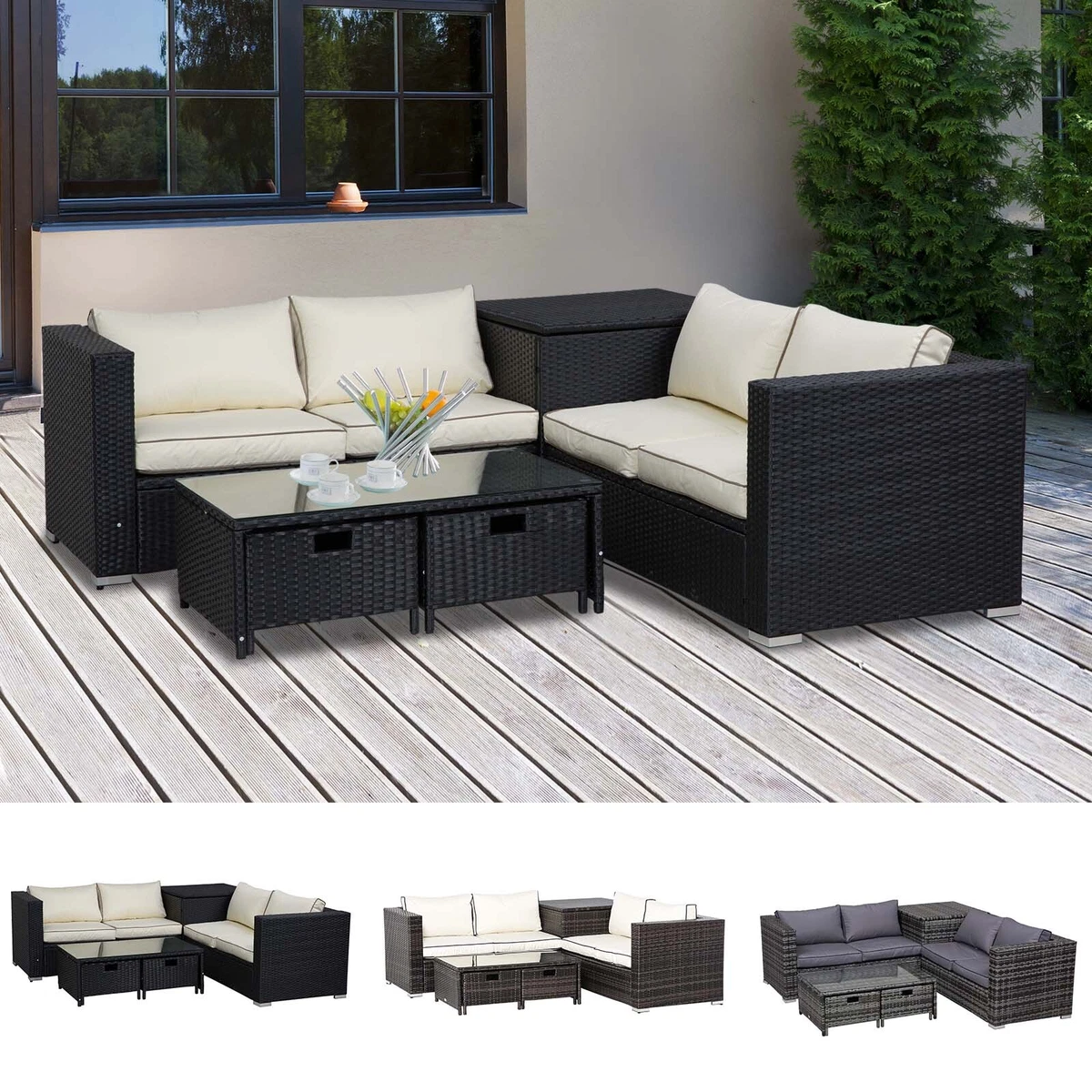 4 pcs Rattan Furniture Sofa Storage Table Set w 2 Drawers Corner