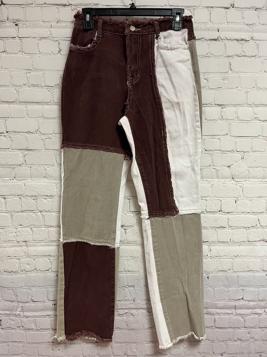 Shein Small High Rise Straight Leg Patchwork Jeans Denim Fray Pockets | eBay