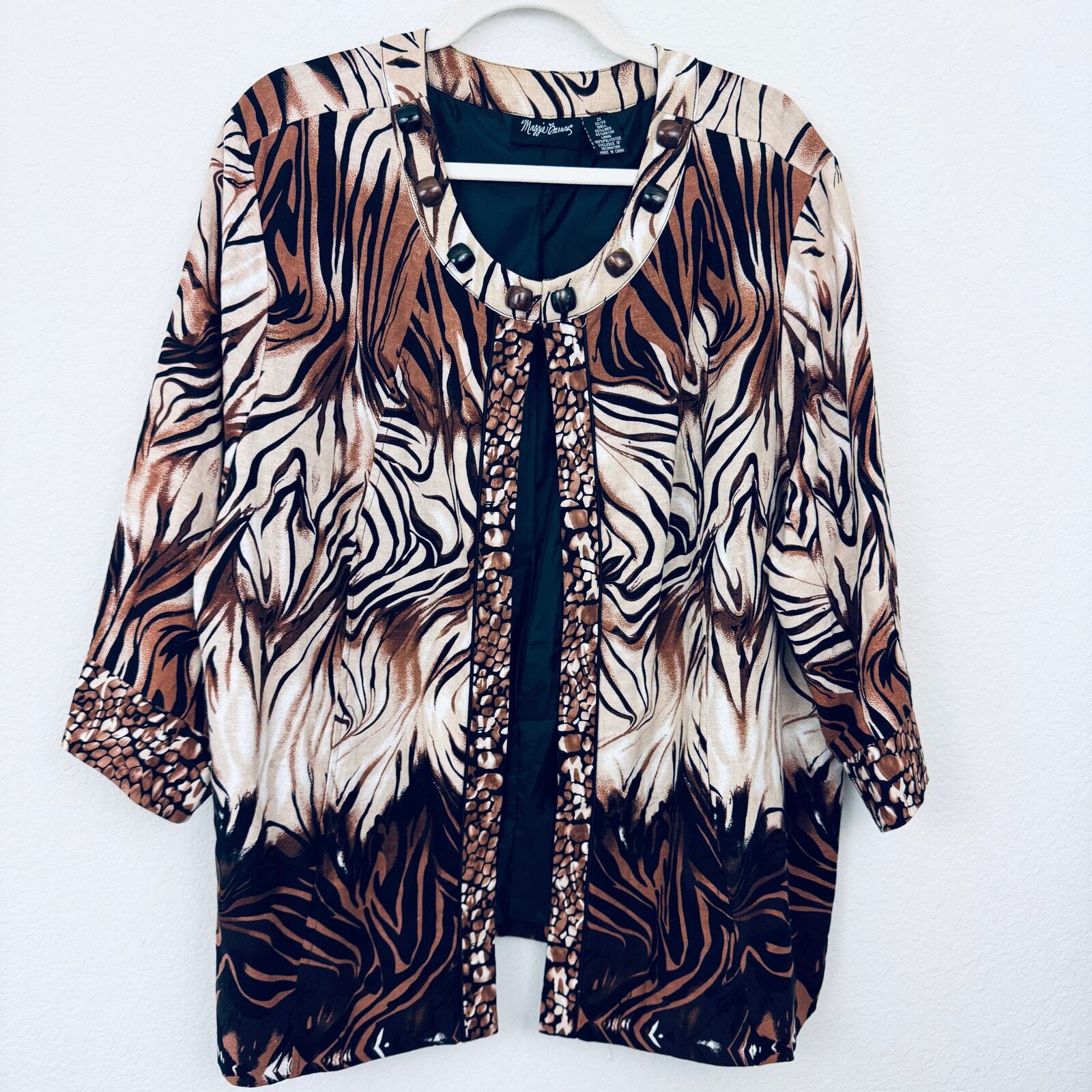 Maggie Barnes Women Jacket Size 2X Animal Print Linen Blend Open Black Brown