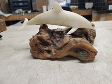 SEALIFE SCULPTURE JOHN PERRY SINGLE WHITE DOLPHIN STATUE Burl Wood Base (a413)