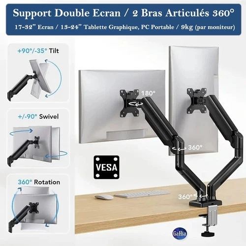 Support pour Double Ecran PC Rotatif Moniteurs à 2 Bras Articulés Réglable 360°